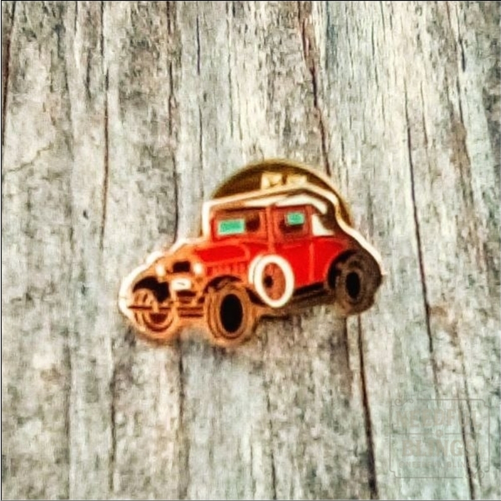 Vintage Red Car Enamel Lapel Pin Gold Cloisonné Collector Jewelry